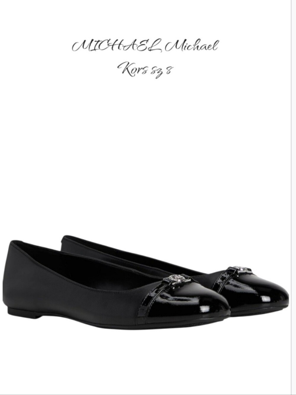 MICHAEL Michael Kors Mandy Black Leather Ballet Flats Cap Toe Silver Logo 8